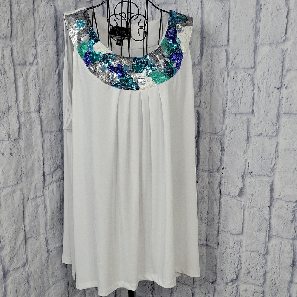 White Sleeveless Tank Top with Sequined Aqua & Blue Neckline